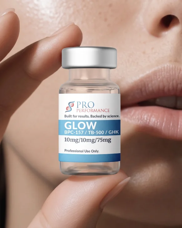 GLOW peptide vial held near a face